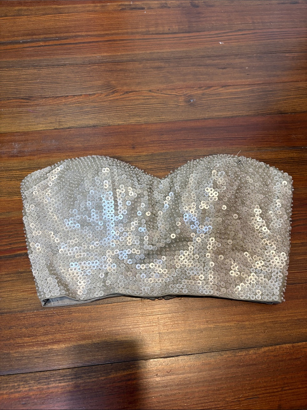 bebe Silver Sequin Strapless Bandeau Bustier
